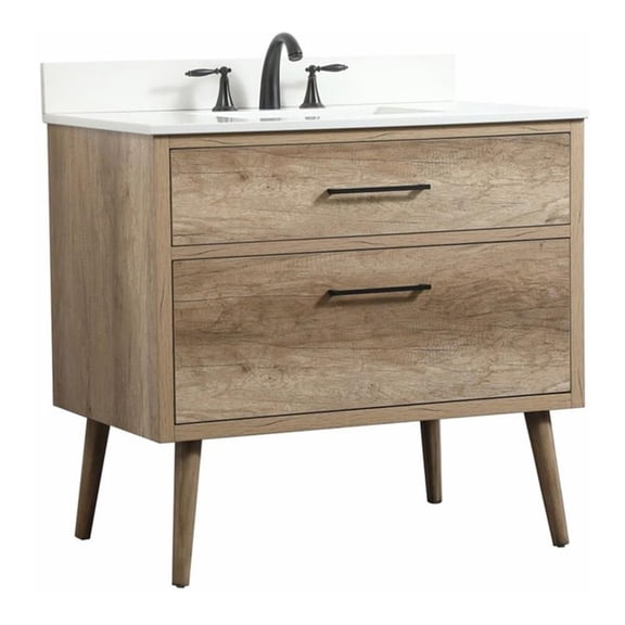 36 inch single bathroom vanity in natural oak with backsplash