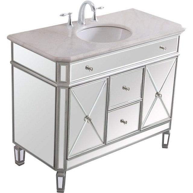 Elegant Decor Camille 42" Single Marble Top Mirrored Bathroom Vanity in Silver