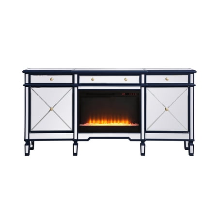Contempo 72 in. mirrored credenza with crystal fireplace in blue