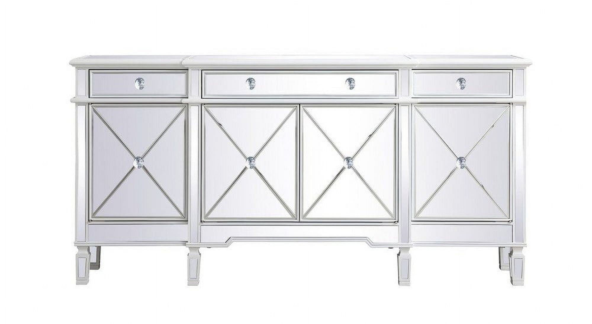 Antique White Mirrored Fir Wood Credenza with Black Knobs