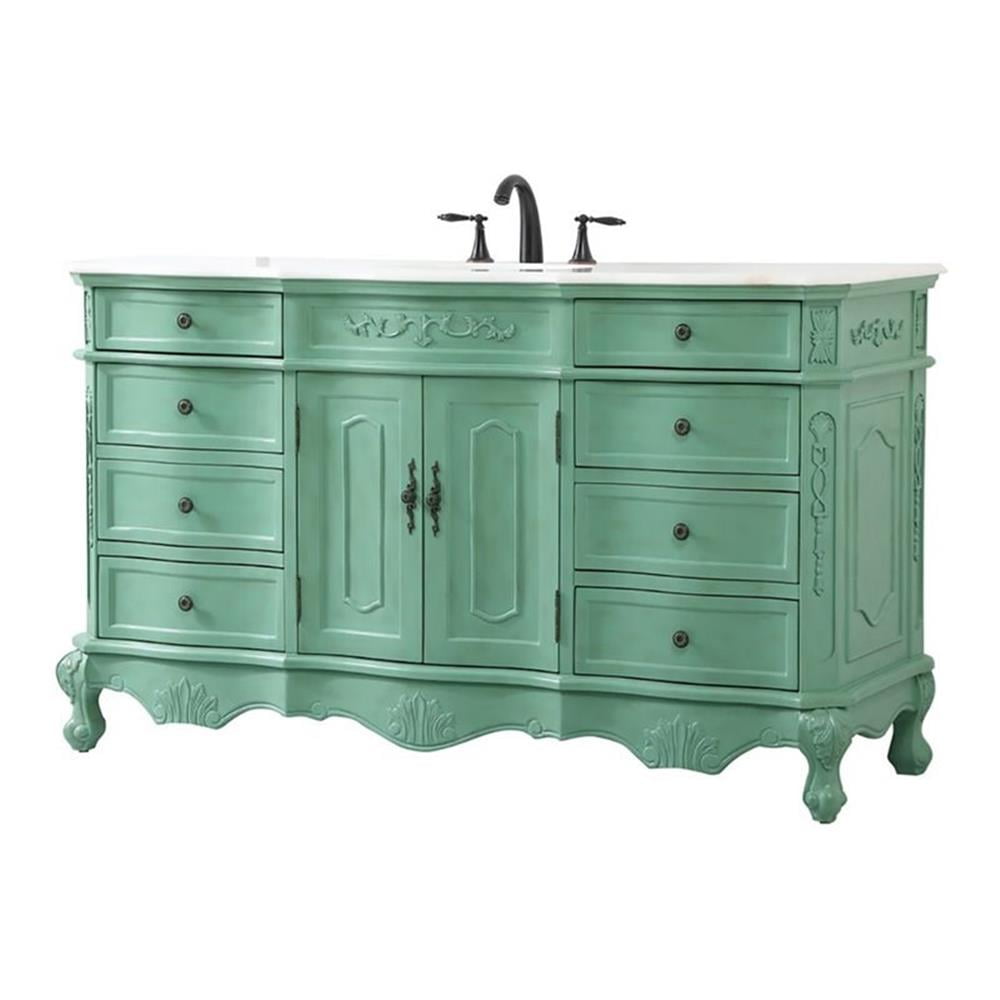 Vintage Mint Solid Wood Single Bathroom Vanity with Marble Top