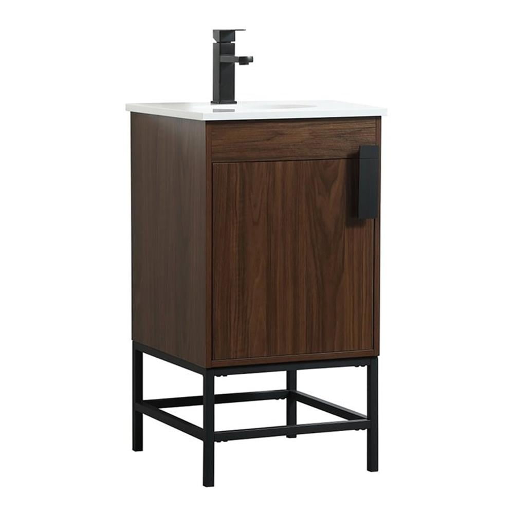 Walnut Brown Single Bathroom Vanity with Ivory Quartz Top
