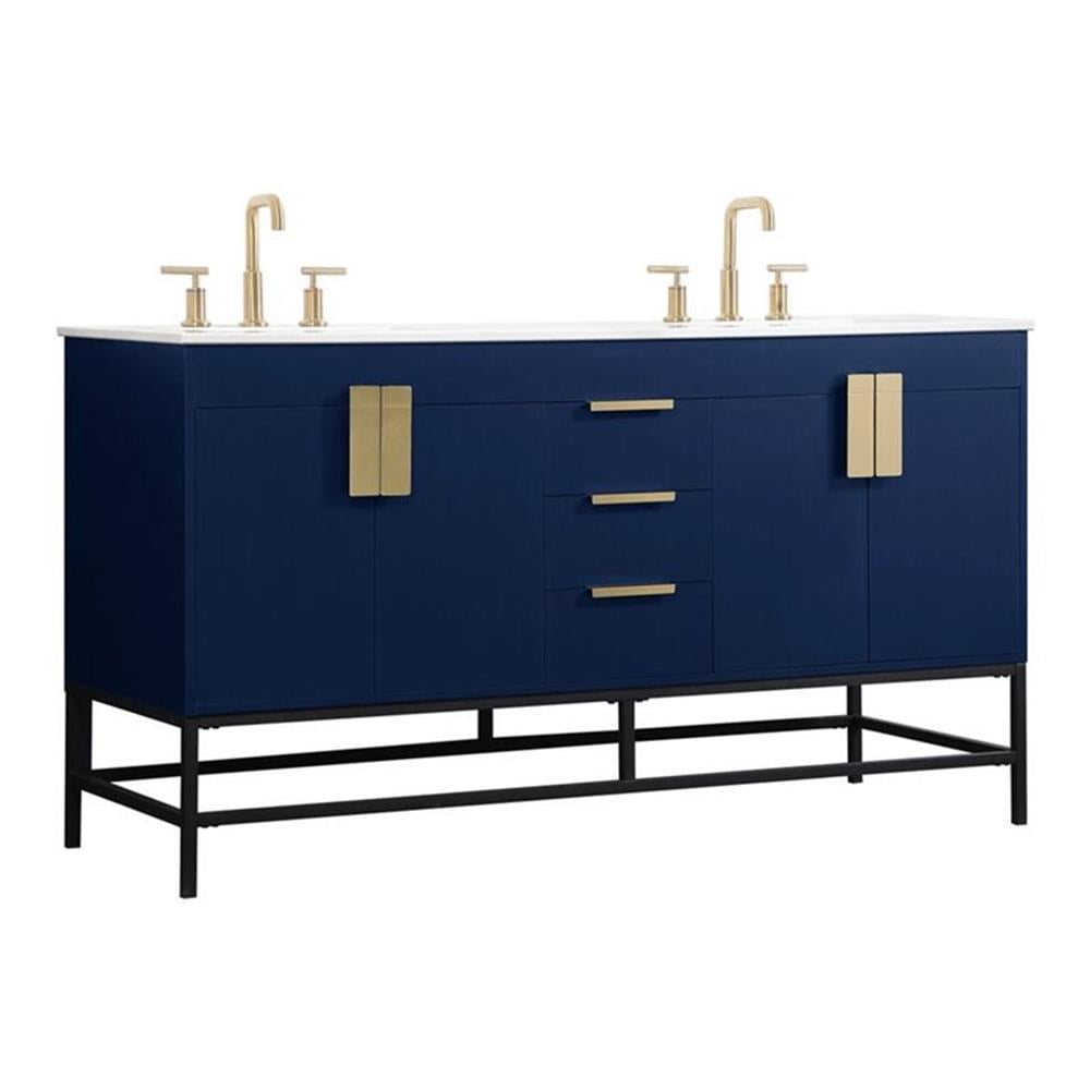 Elegant Blue MDF and Engineered Marble Double Vanity with Porcelain Sinks
