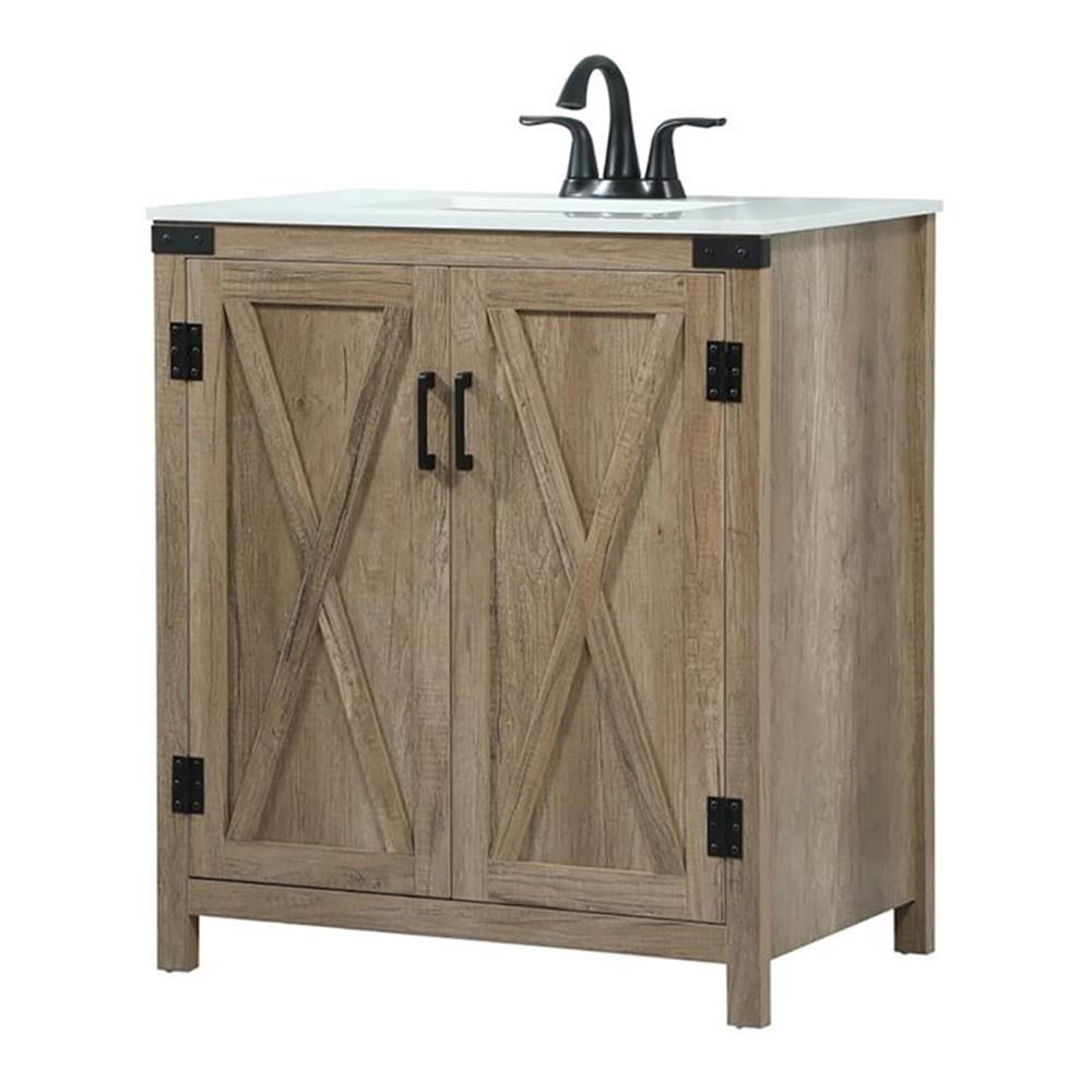 Natural Oak Freestanding Single Vanity with White Quartz Top