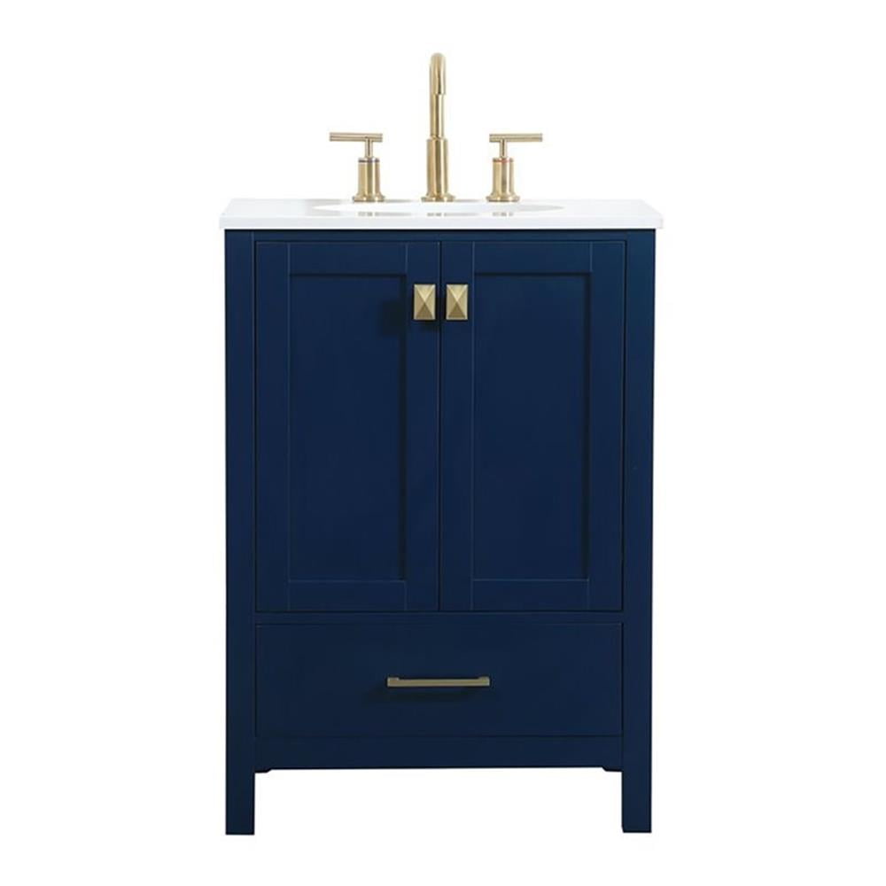 Blue MDF Single Bathroom Vanity with Gold Pulls and Quartz Top