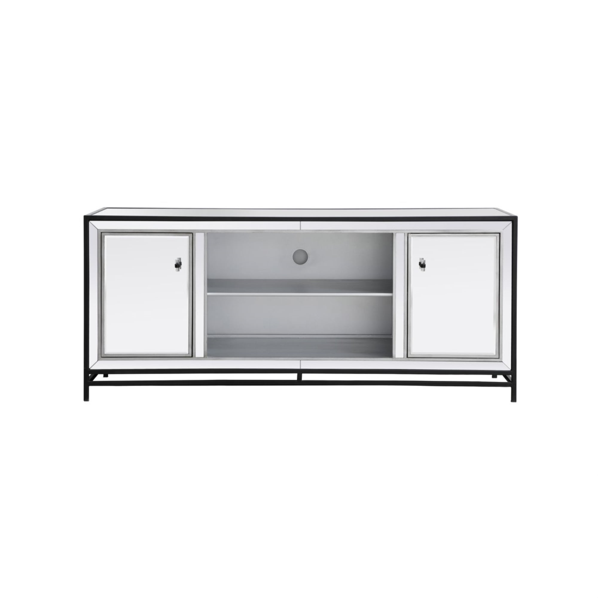 Black Fir Wood and Mirror Media Cabinet with Distressed Finish