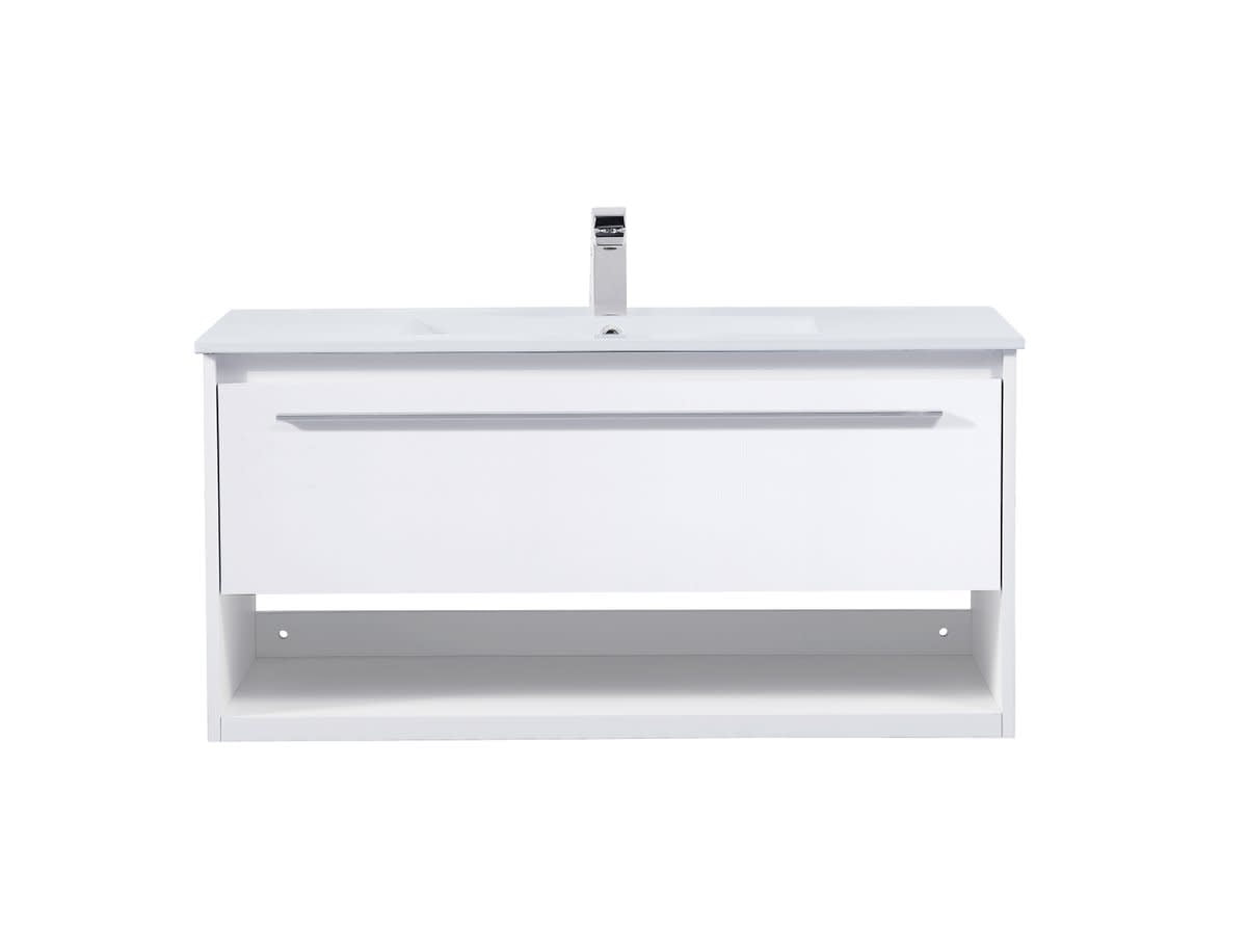 White 40" Porcelain Top Floating Bathroom Vanity with Single Drawer
