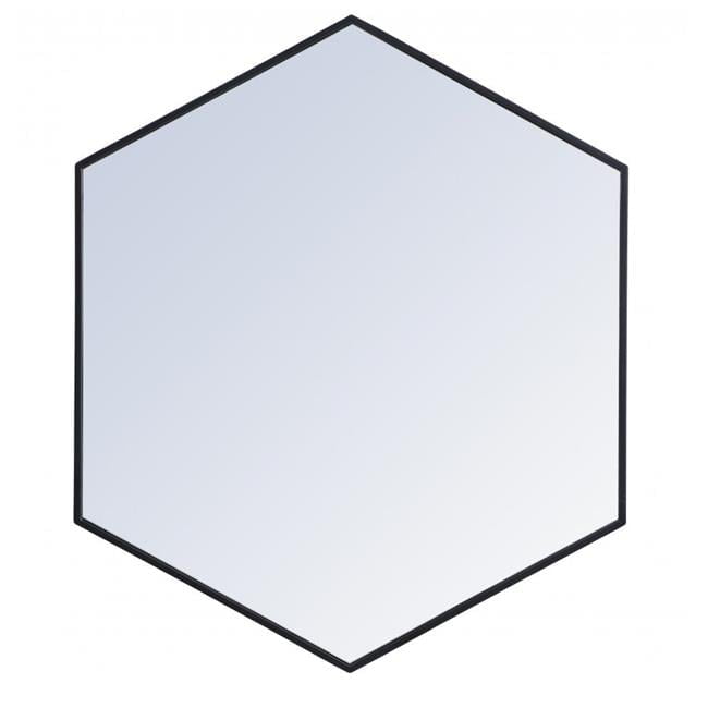 Contemporary Black Wood and Silver Metal Hexagon Mirror 38"