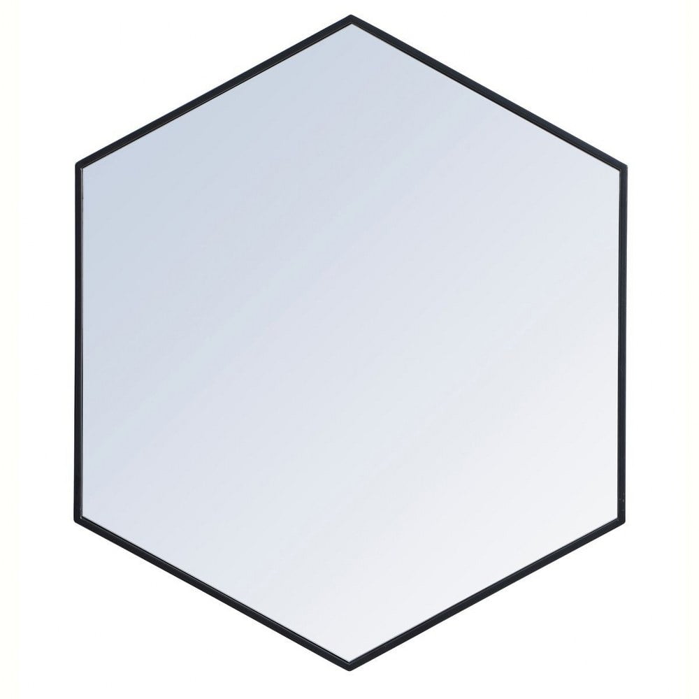 Contemporary Black Wood and Silver Metal Hexagon Mirror 38"