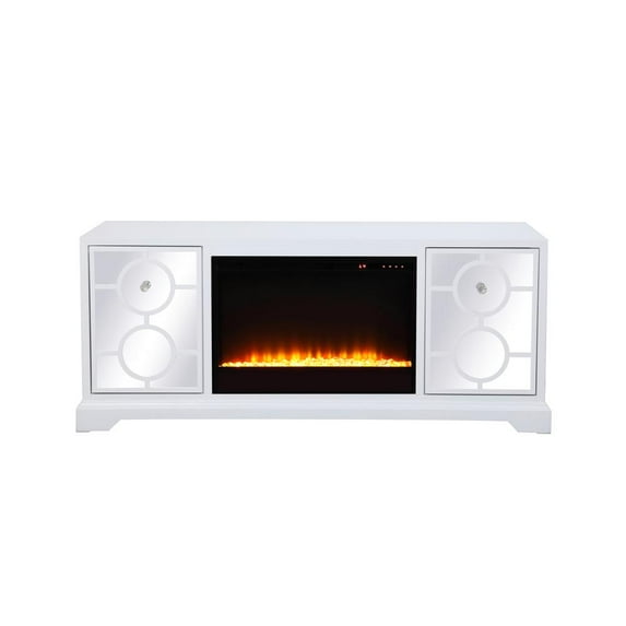 60 in. mirrored TV stand with crystal fireplace insert in white