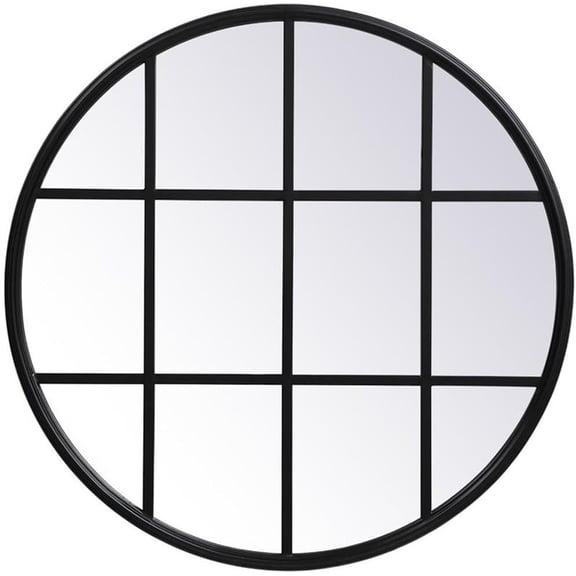Elegant Decor Motif 28" Round Mid Century Metal Windowpane Frame Mirror in Black
