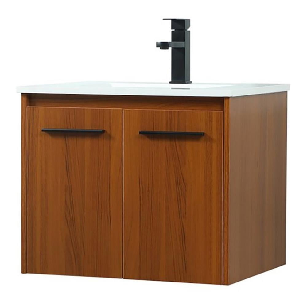 Teak 24" Floating Vanity with Quartz Top and Black Handles