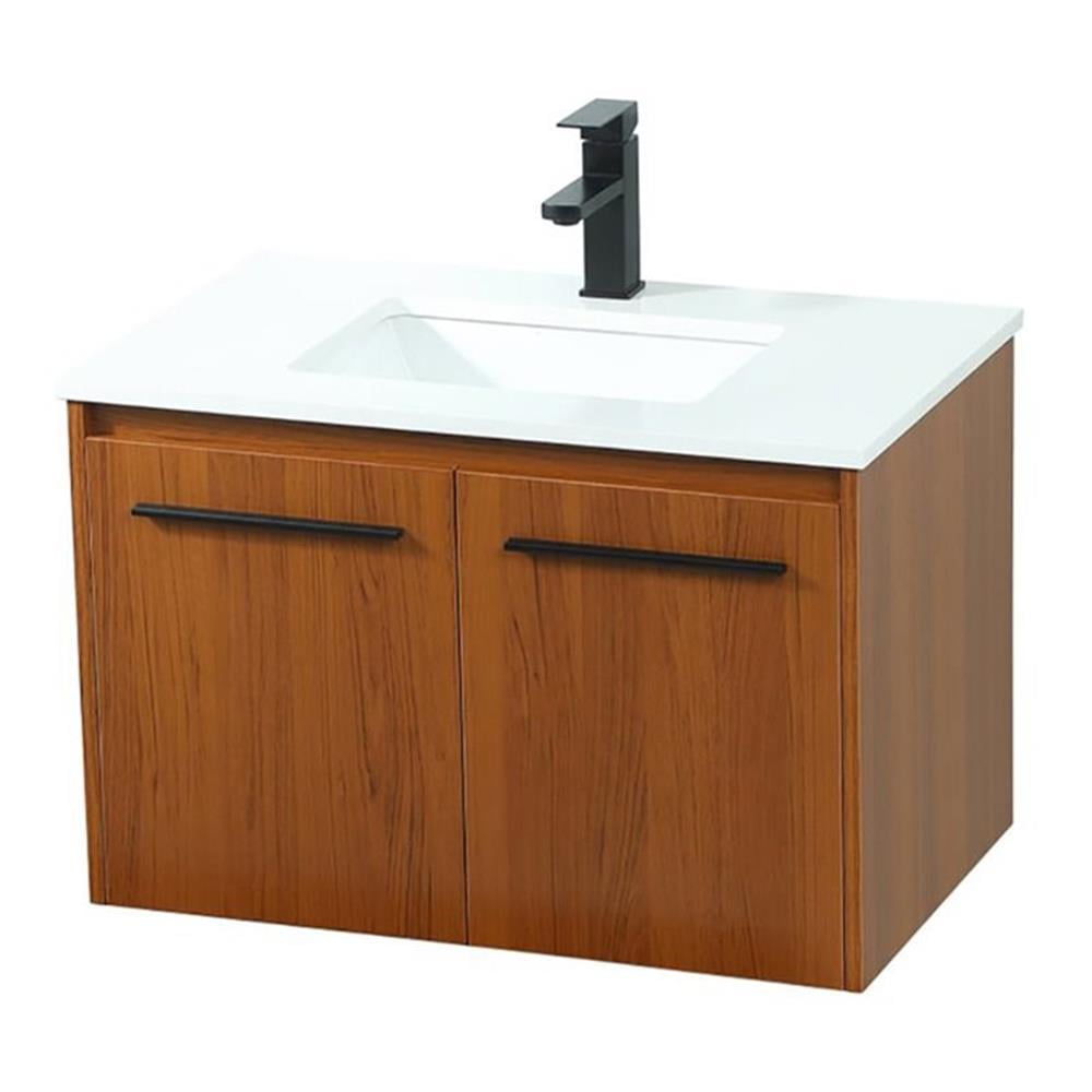Teak Floating Bathroom Vanity with Quartz Top and Black Handles
