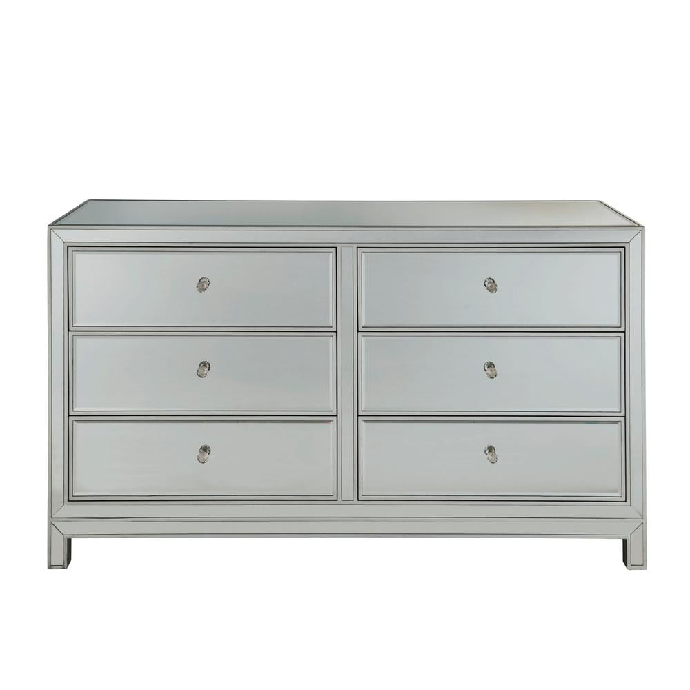 Antique Silver 60" Mirrored Dresser with Crystal Knobs and Deep Drawers
