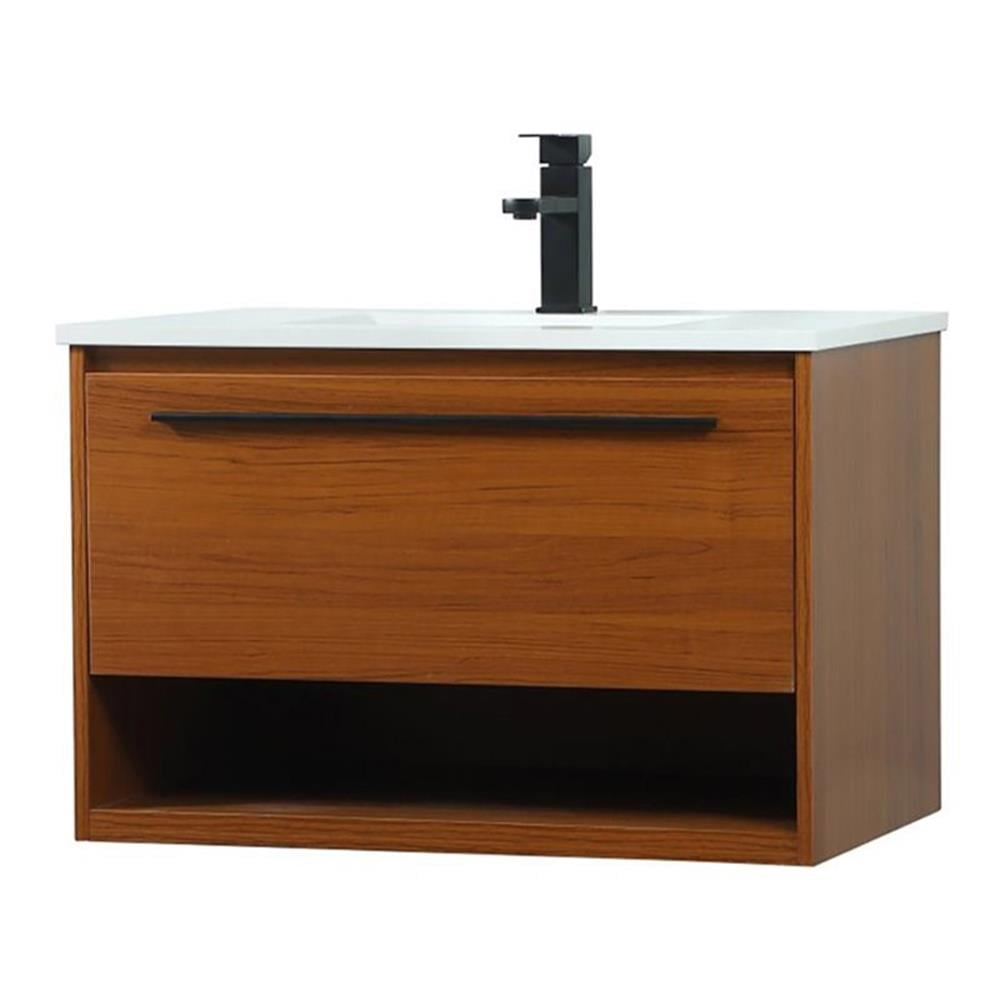 Teak 30" Single Sink Floating Vanity with White Quartz Top