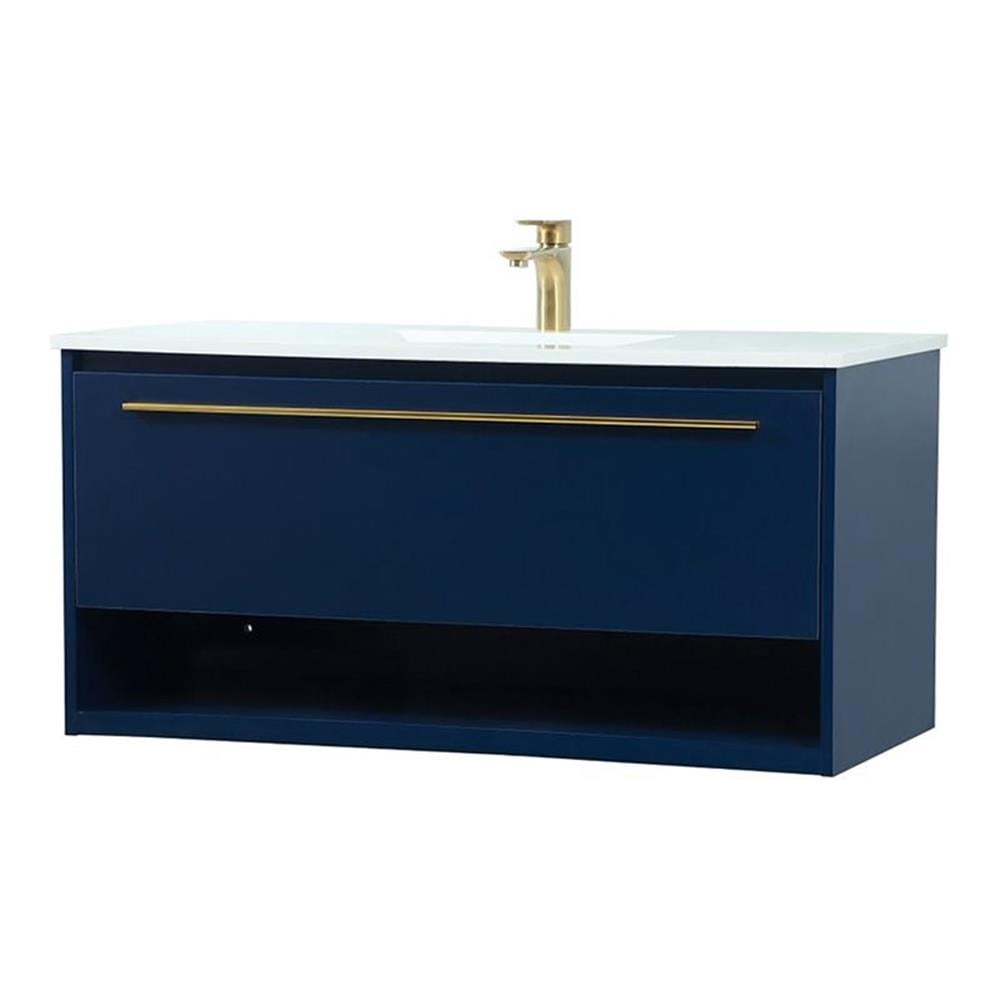 Roman Blue MDF Wall-Mount Single Bathroom Vanity with Quartz Top