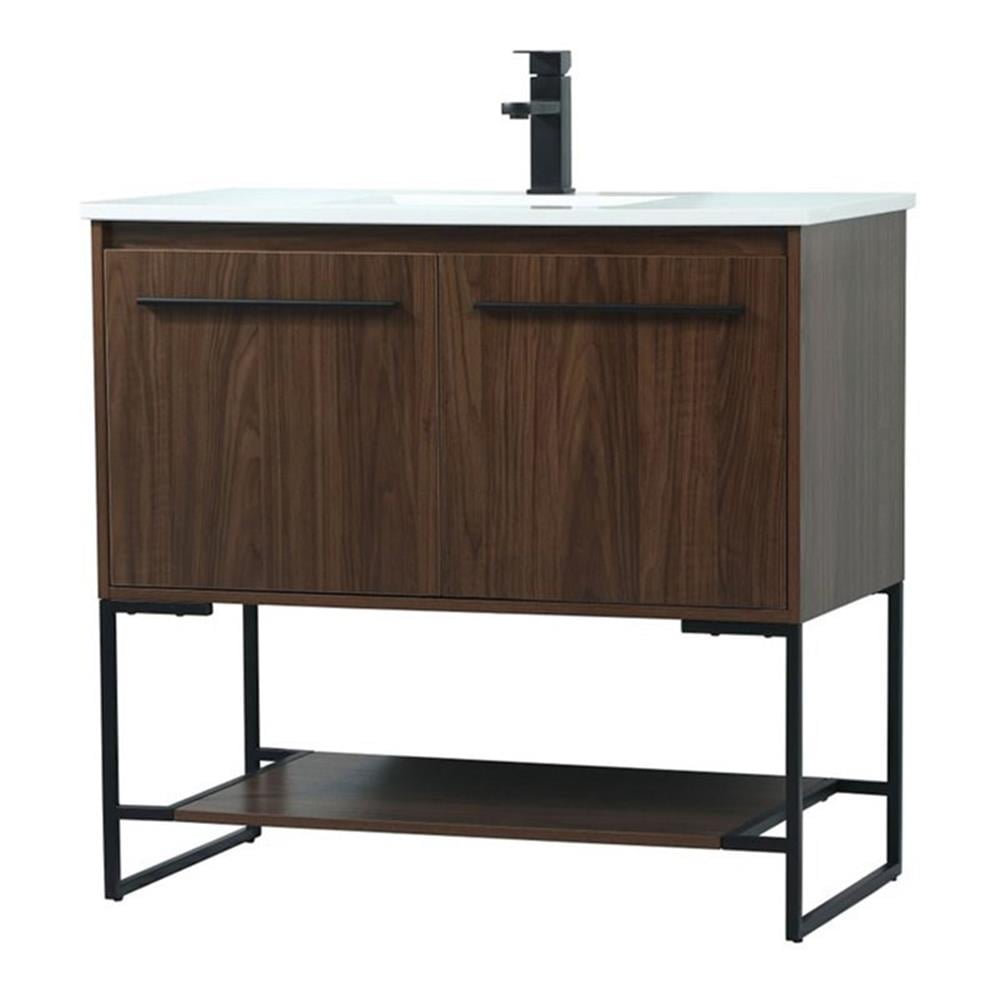 Walnut and White 36" Single Sink Vanity with Black Metal Base