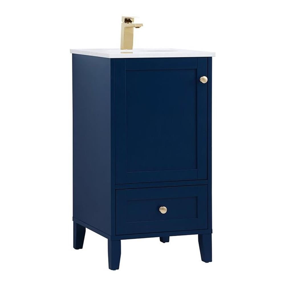 Blue Steel and Wood Single Bathroom Vanity with Gold Knobs