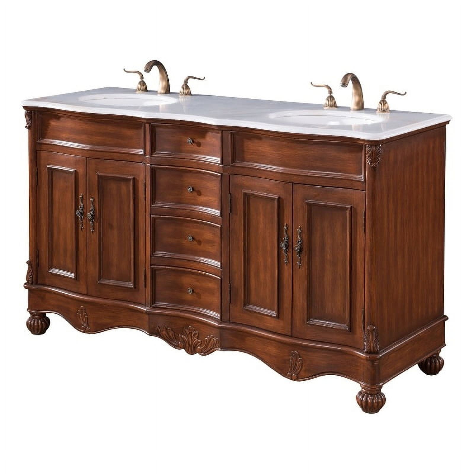 Teak Double Freestanding Vanity with White Marble Top