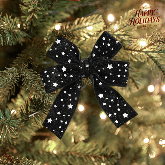 Elegant Decorative Black Gold Star Christmas Ribbon Roll 2.18 Yards x 0.98 Inch Cloth Fabric Wired Edge for Xmas Tree Wreath Gift Wrapping Holiday Party Home Decorations DIY Craft Supply