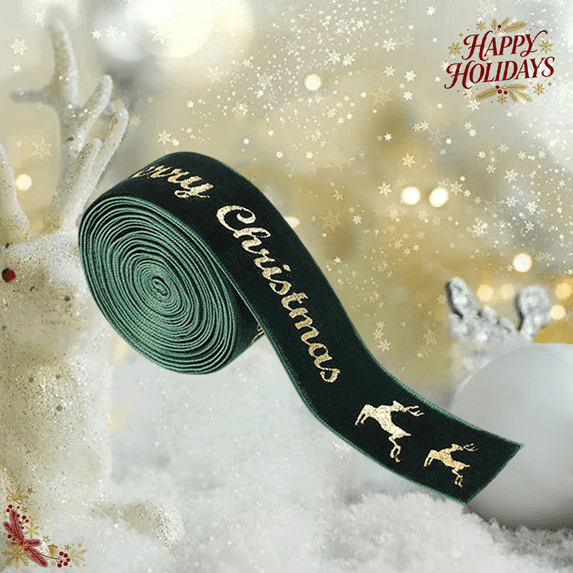Elegant Decorative Green Gold Reindeer Christmas Ribbon Roll 2.18 Yards x 0.98 Inch Cloth Fabric Wired Edge for Xmas Tree Wreath Gift Wrapping Holiday Party Home Decorations DIY Craft Supply