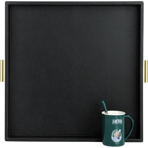 Elegant Decorative Serving Tray, 20"x20" Square Faux Leather Ottoman Tray with Gold Hardware Handles, Coffee Table Serve Tea, Coffee or Breakfast (Black)