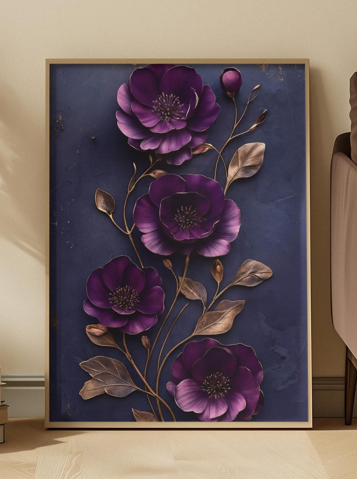 Elegant Deep Purple Floral Wall Art Luxury Botanical Poster With Gold ...