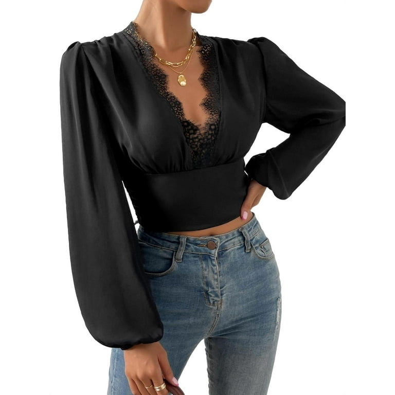 Elegant Deep V Neck Blouse Long Sleeve Black Women's Blouses (Women's)