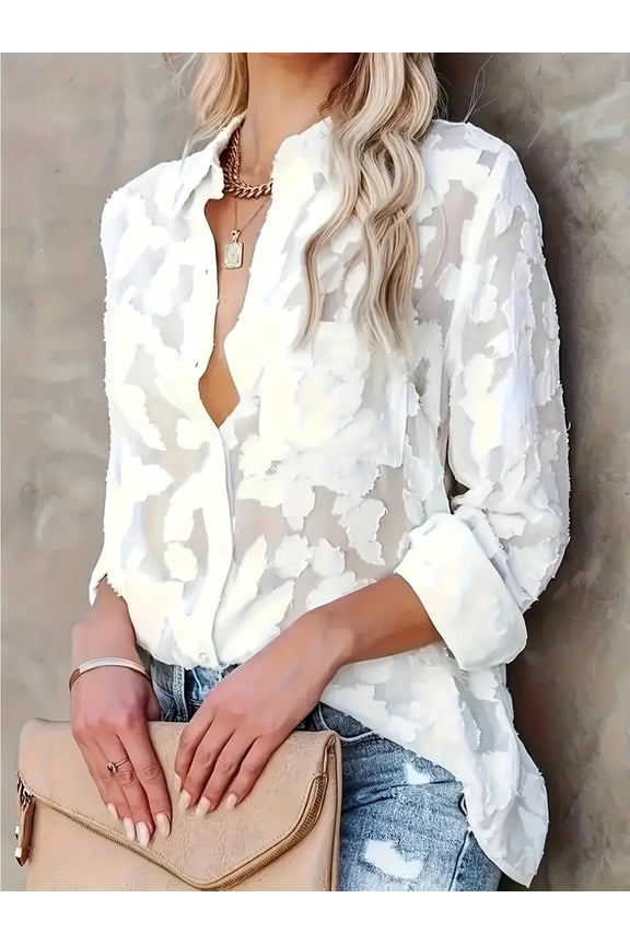 Elegant Deep V-white Three-dimensional Patterned Shirt with Transparent Texture Design for Daily Casual Commuting Tops
