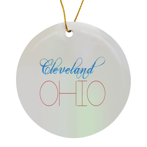 3drose, Elegant Delicate Text Cleveland Ohio of Blue and Red Colors, Circle Porcelain Ornament