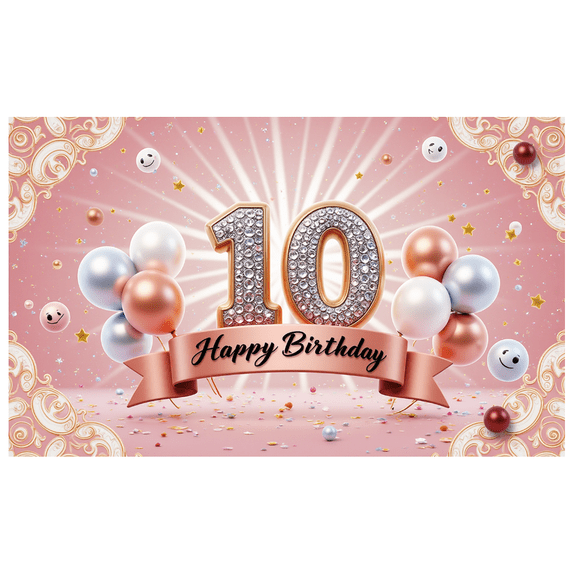 Elegant Design Birthday Banner 10th Birthday Pink Balloon Celebration Backdrop for Kids Party Event Decoration Anniversary