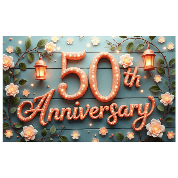 Elegant Design Happy 50th Anniversary Floral Wooden Banner for Milestone Celebration Wedding Party
