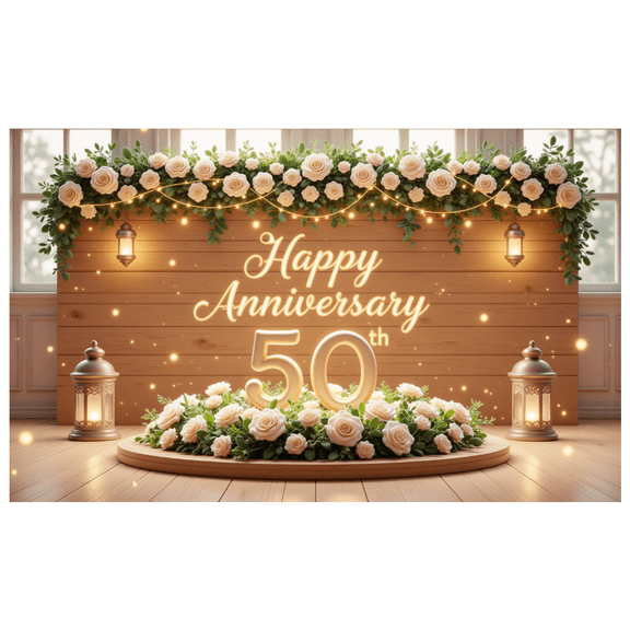 Elegant Design Happy 50th Anniversary Floral Wooden Banner for Milestone Celebration Wedding Party