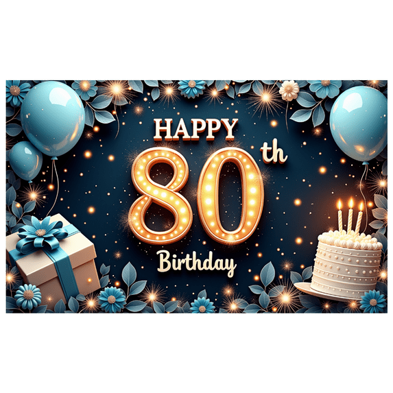 Elegant Design Happy 80th Birthday Banner Colorful Balloons Floral Decor Gift Box Celebration for Milestone Birthday Party Event Decoration