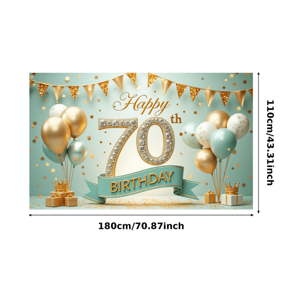 Elegant Design Happy Birthday Banner Colorful Balloons Golden Glitter Party Backdrop for 70th Celebration Event Decoration Indoor Party