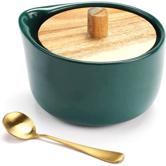 Elegant Design Salt Boxes - Big Capacity, Green Ceramic Base with Wood Lid and Spoon