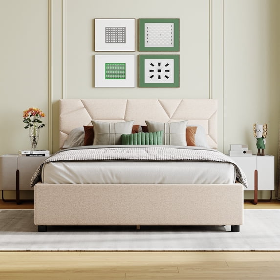 Elegant Design Upholstered Linen Platform Bed Frame with Brick Pattern Headboard and 4 Drawers, Strong Wood Slat Support, Mattress Foundation, No Box Spring Needed (Full)