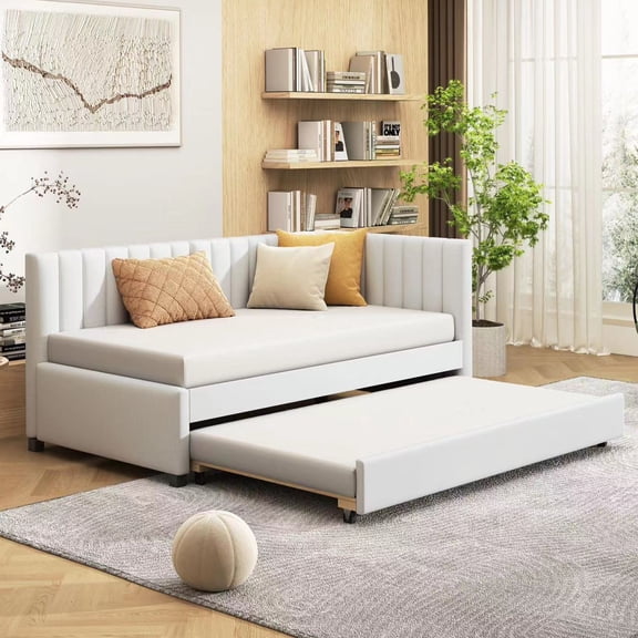 Elegant Design Upholstered Twin Size Daybed with Trundle, Linen Fabric Day Bed for Office/Living Room/Bedroom, Sturdy Slats Support Wooden Sofa Bed for Teens Adults