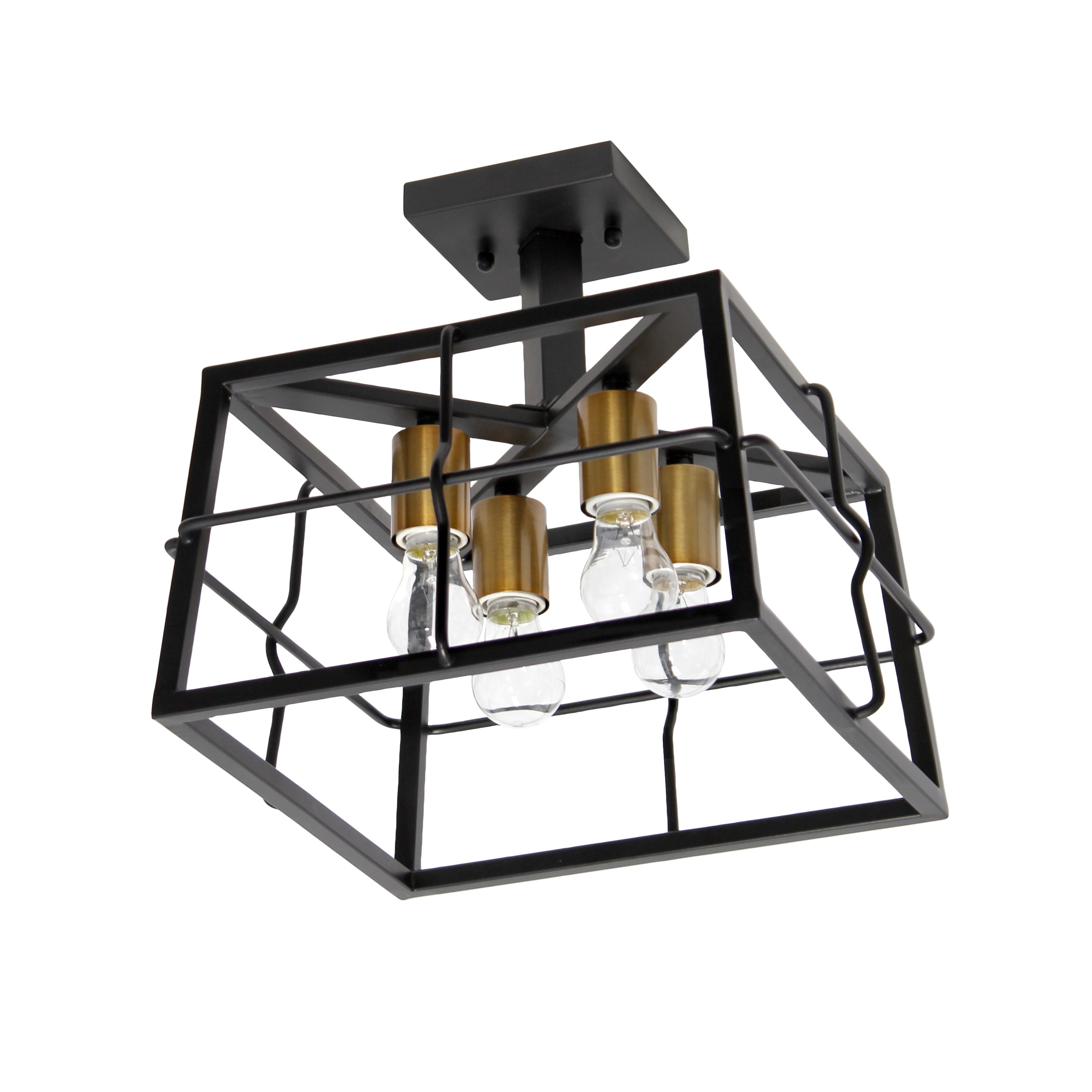 Industrial Black Metal Square Semi Flush Mount Ceiling Fixture with LED Lights
