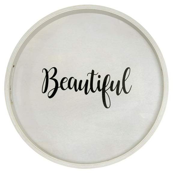 Elegant Designs 13.75" Decorative Round Wood Serving Tray with Handles, "Beautiful", Gray Wash
