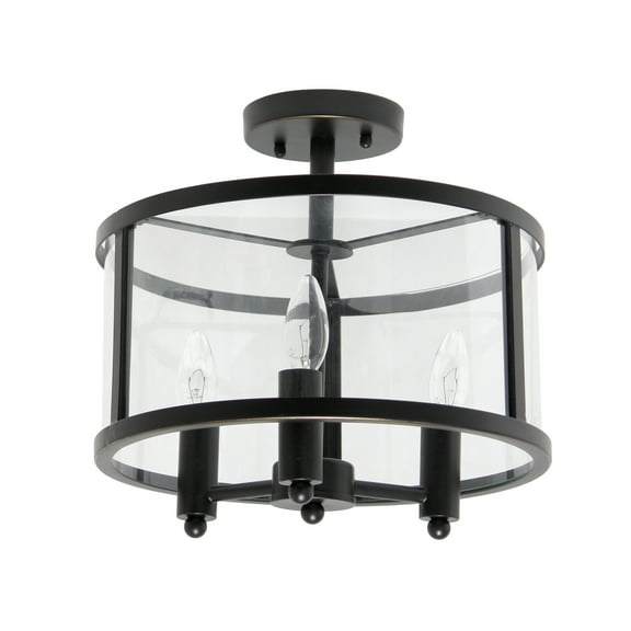 Elegant Designs 13" Iron and Glass 3-Light Traditional Farmhouse Semi Flush Mount, Black