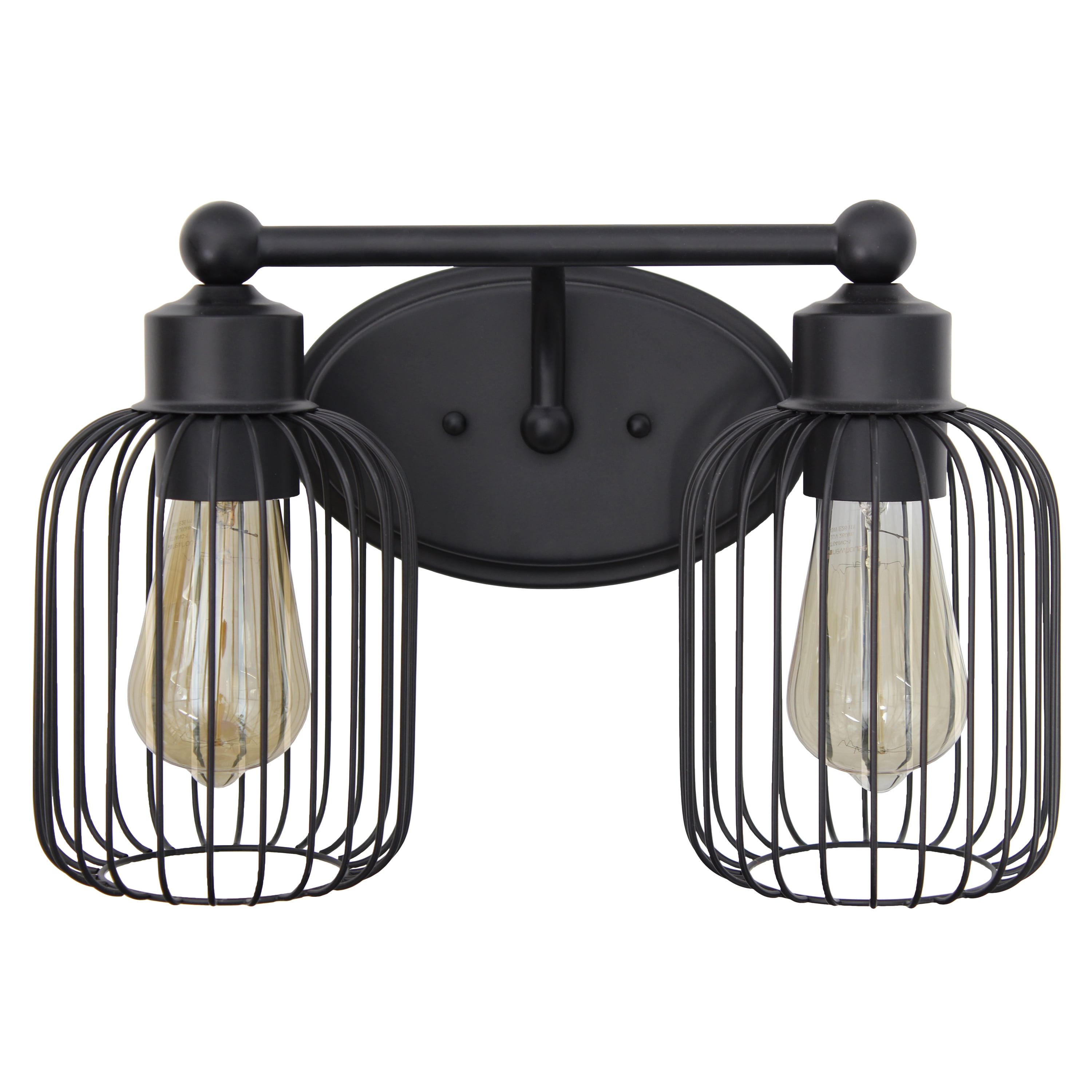 Elegant Designs 14" Industrial Farmhouse 2 Light Metal Birdcage Decorative Wall Mounted Vanity Fixture with Matching Metal Oval Backplate For Bathroom, Entryway, Hallway, Vanity, Black