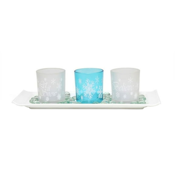Elegant Designs 14" Winter Wonderland Candle Holder Set, Blue Frost