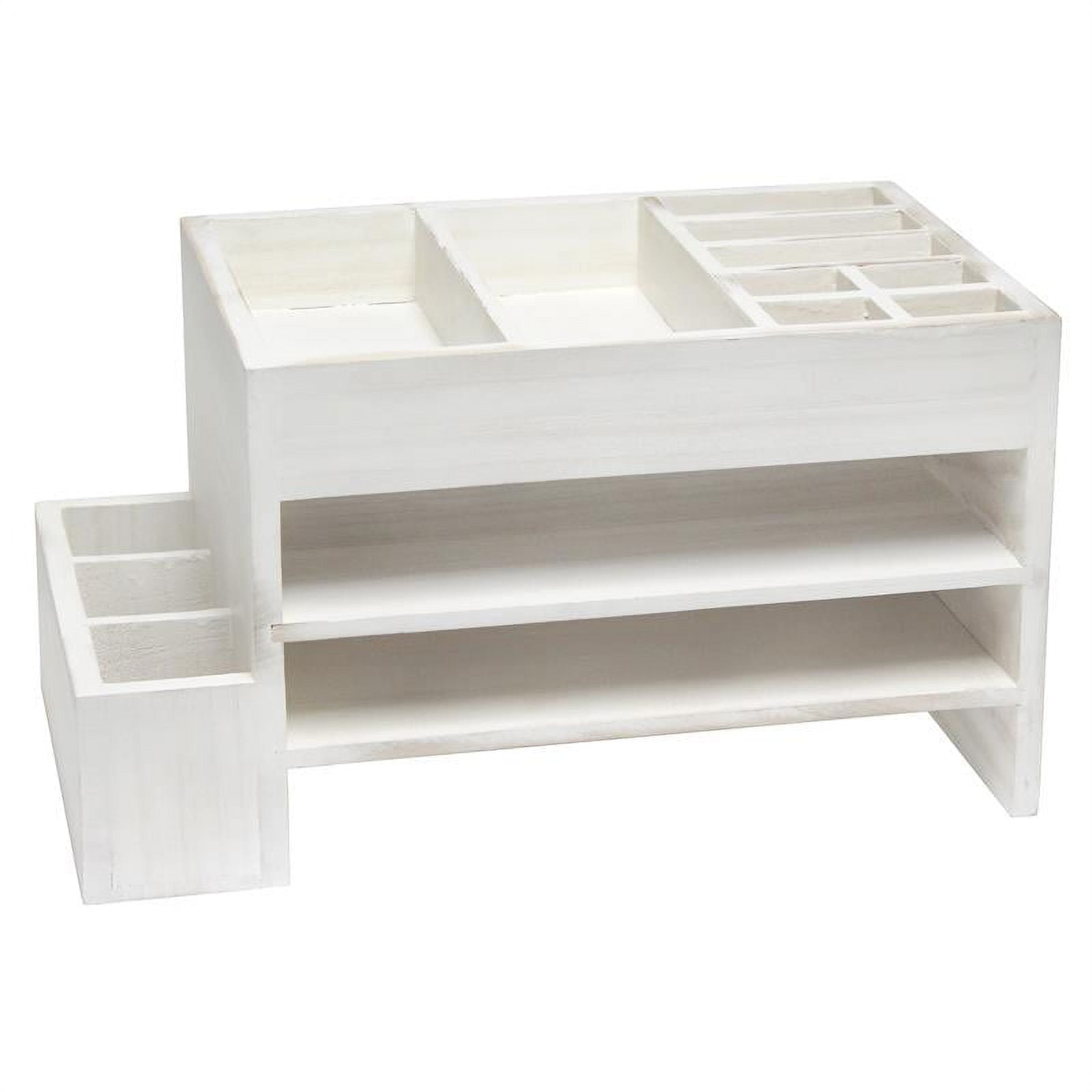 White Wash Wooden Tiered Desk Organizer with Storage Cubbies