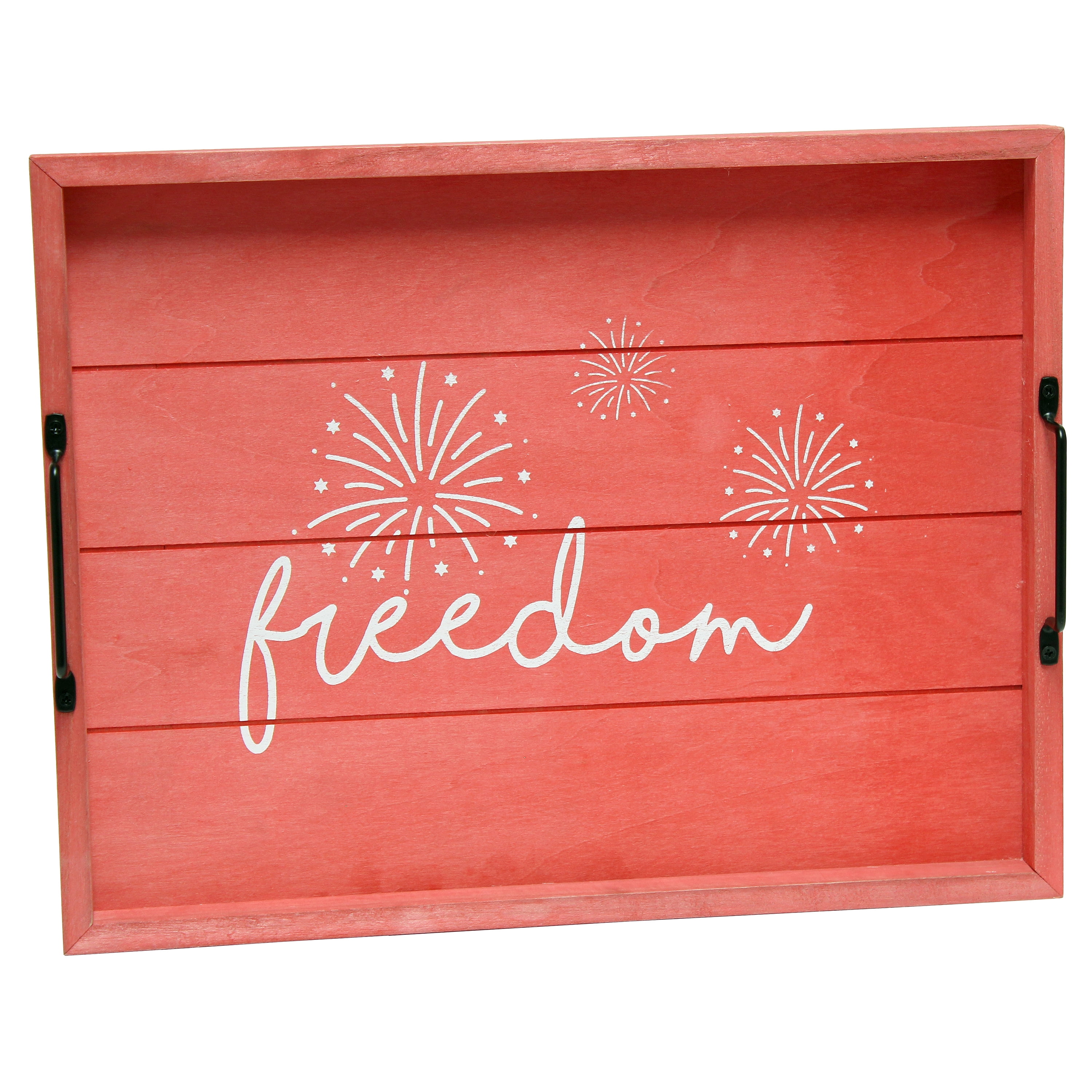 Red Wash Wood Serving Tray with Black Metal Handles