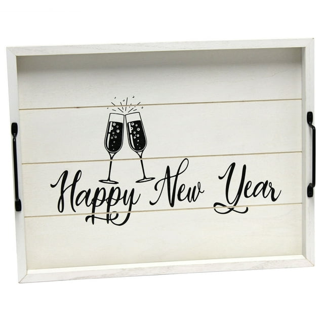 Elegant Designs 15.5" x 12" Decorative Wood Serving Tray, "Happy New Year", Light Gray