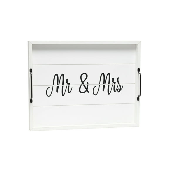 Elegant Designs 15.5" x 12" Decorative Wood Serving Tray, "Mr & Mrs", White Wash