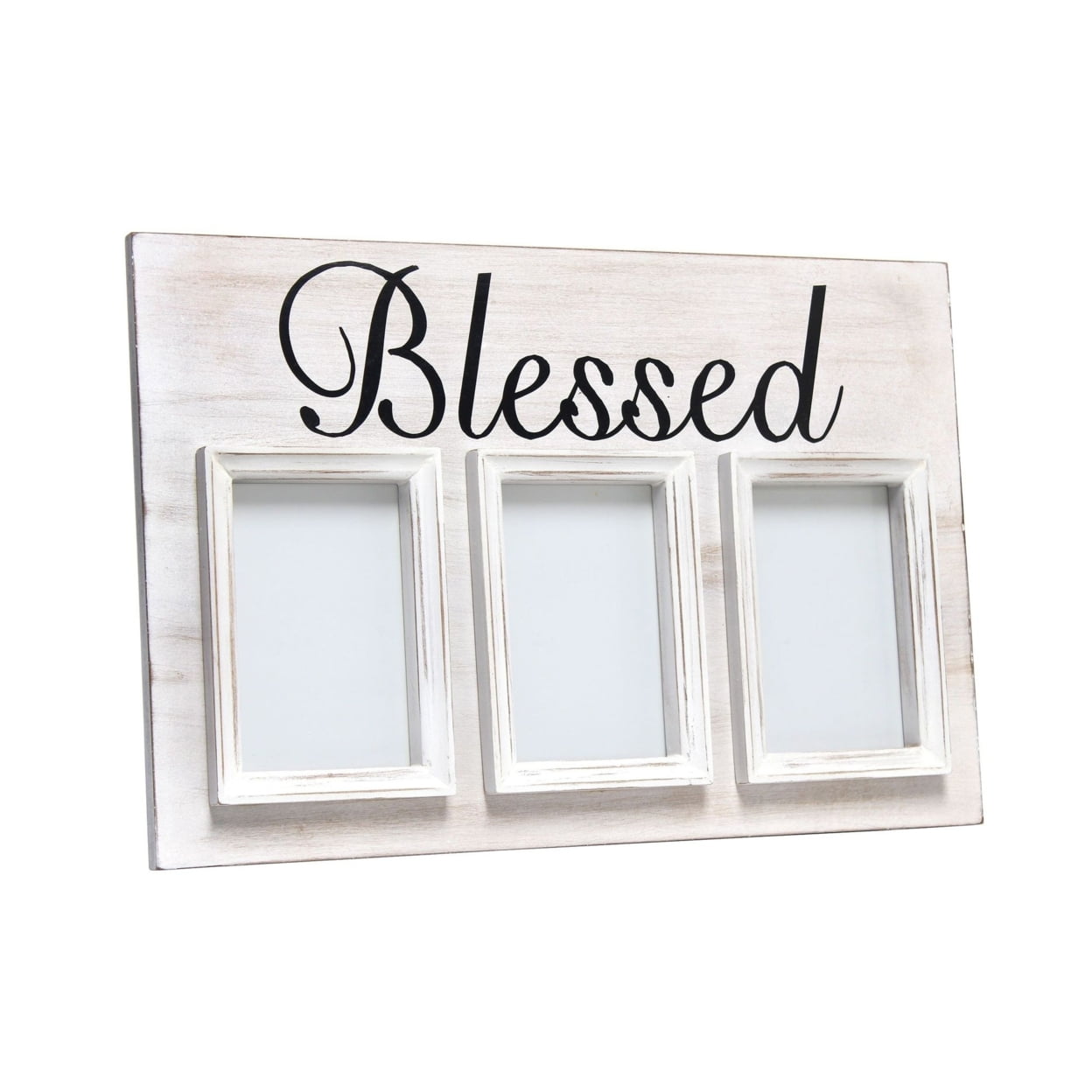 White Wash Wood Triptych Photo Frame with Blessed Typography