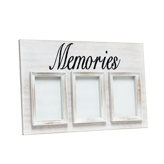 Elegant Designs 18" 3 Photo Collage Frame, 4x6 Picture Frame, White Wash, "Memories"