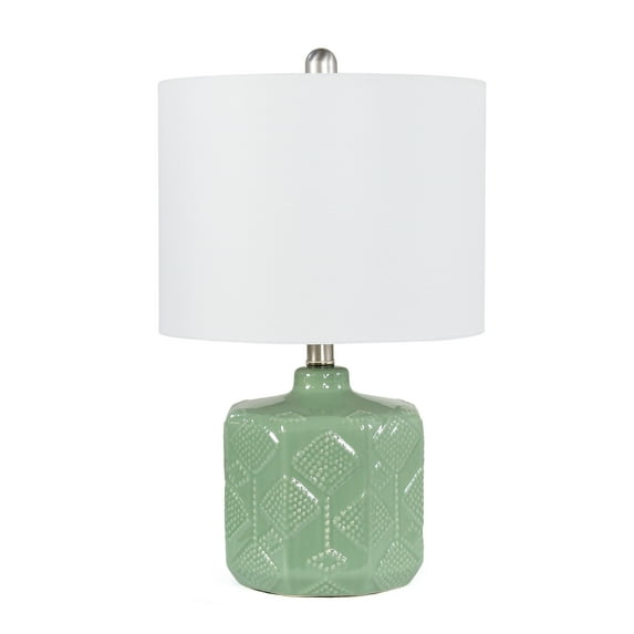 Elegant Designs 19" Floral Textured Eyelet Pattern Contemporary Bohemian Ceramic Endtable Bedside Table Desk Lamp with White Fabric Shade, Sage Green
